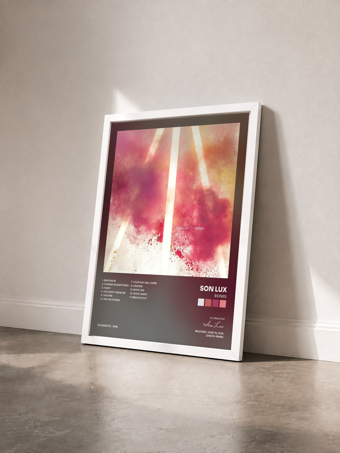 #blanc Tableau de l'album Bones de Son Lux vu de trois quarts, cadre blanc