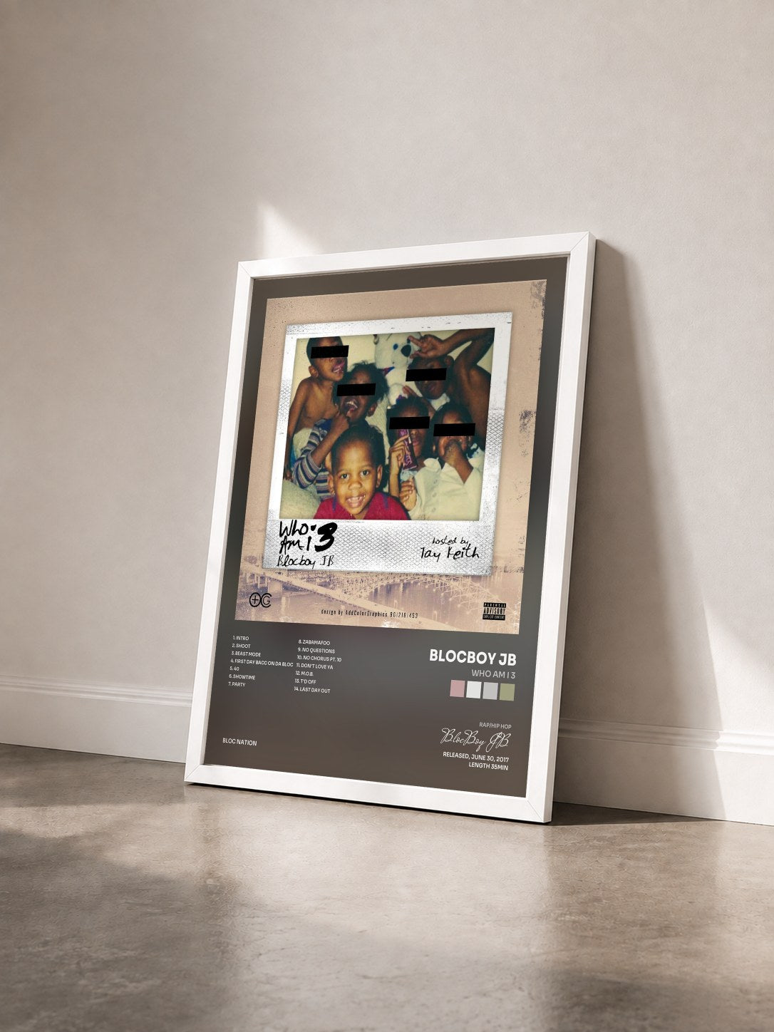 #blanc Tableau de l'album Who Am I 3 de BlocBoy JB vu de trois quarts, cadre blanc