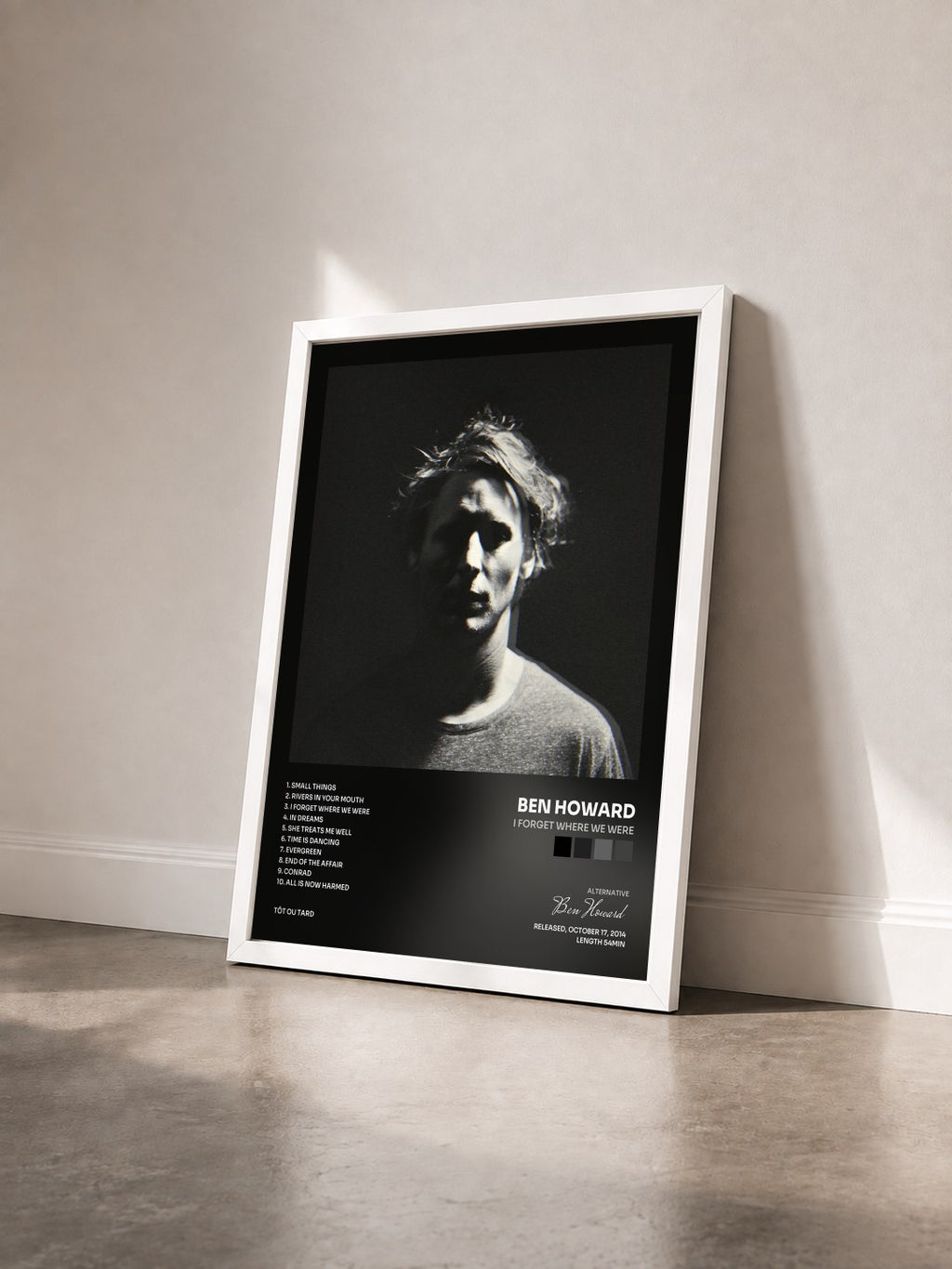 #blanc Tableau de l'album I Forget Where We Were de Ben Howard vu de trois quarts, cadre blanc