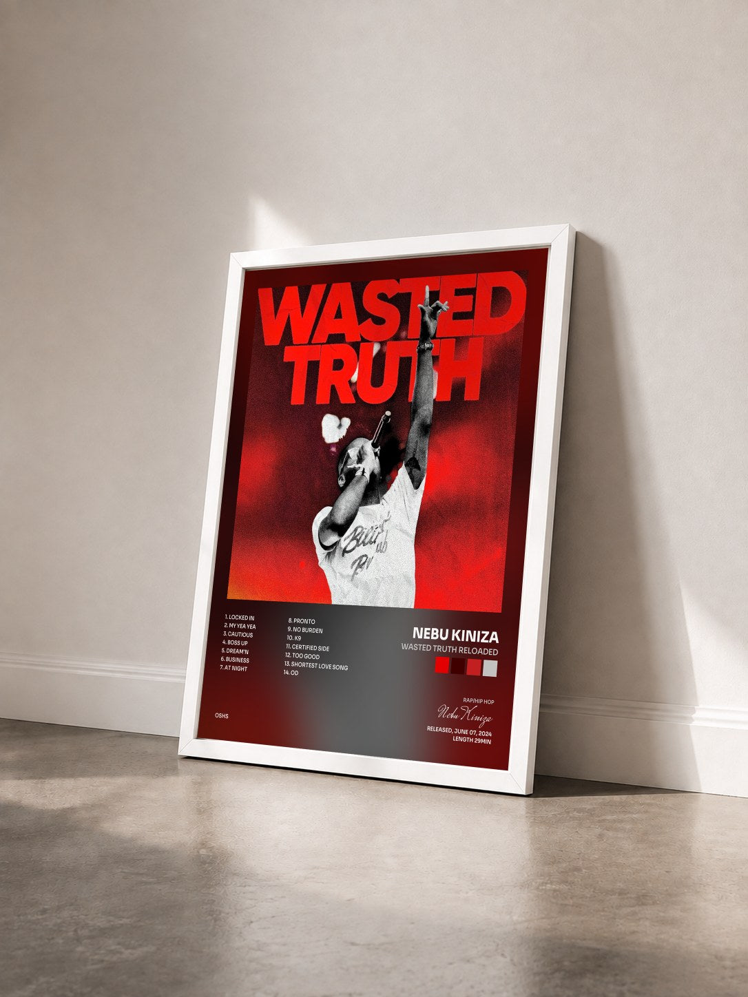 #blanc Tableau de l'album Wasted Truth Reloaded de Nebu Kiniza vu de trois quarts, cadre blanc