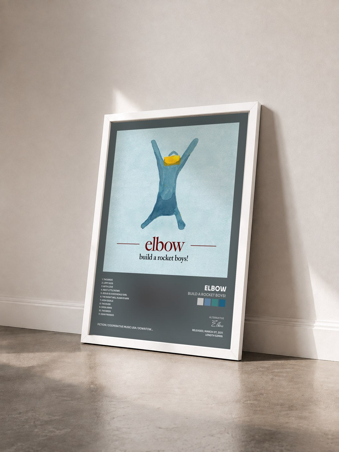 #blanc Tableau de l'album build a rocket boys! de Elbow vu de trois quarts, cadre blanc