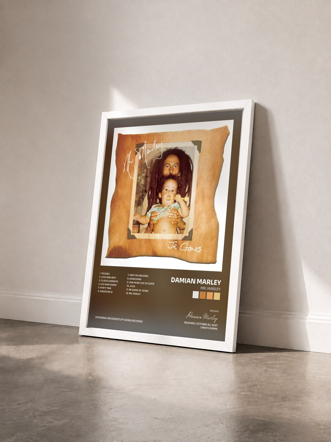 #blanc Tableau de l'album Mr. Marley de Damian Marley vu de trois quarts, cadre blanc
