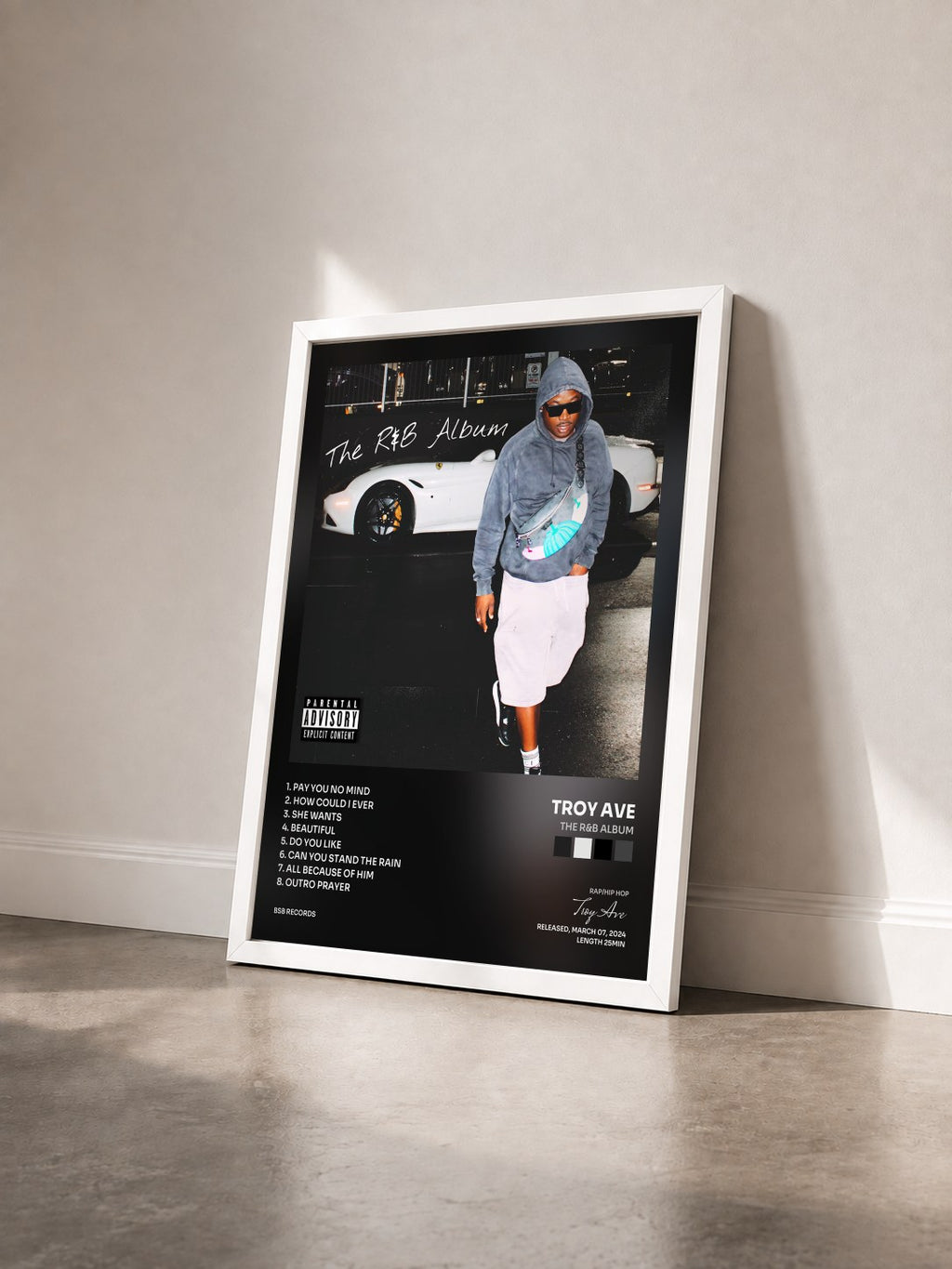 #blanc Tableau de l'album The R&B Album de Troy Ave vu de trois quarts, cadre blanc