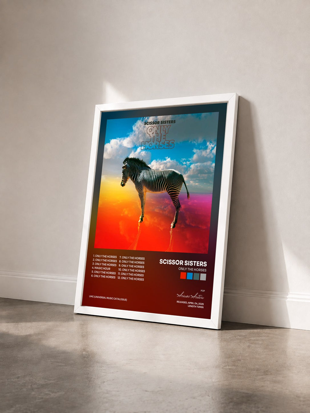 #blanc Only The Horses by Scissor Sisters as a framed art print seen at an angle, white frame
