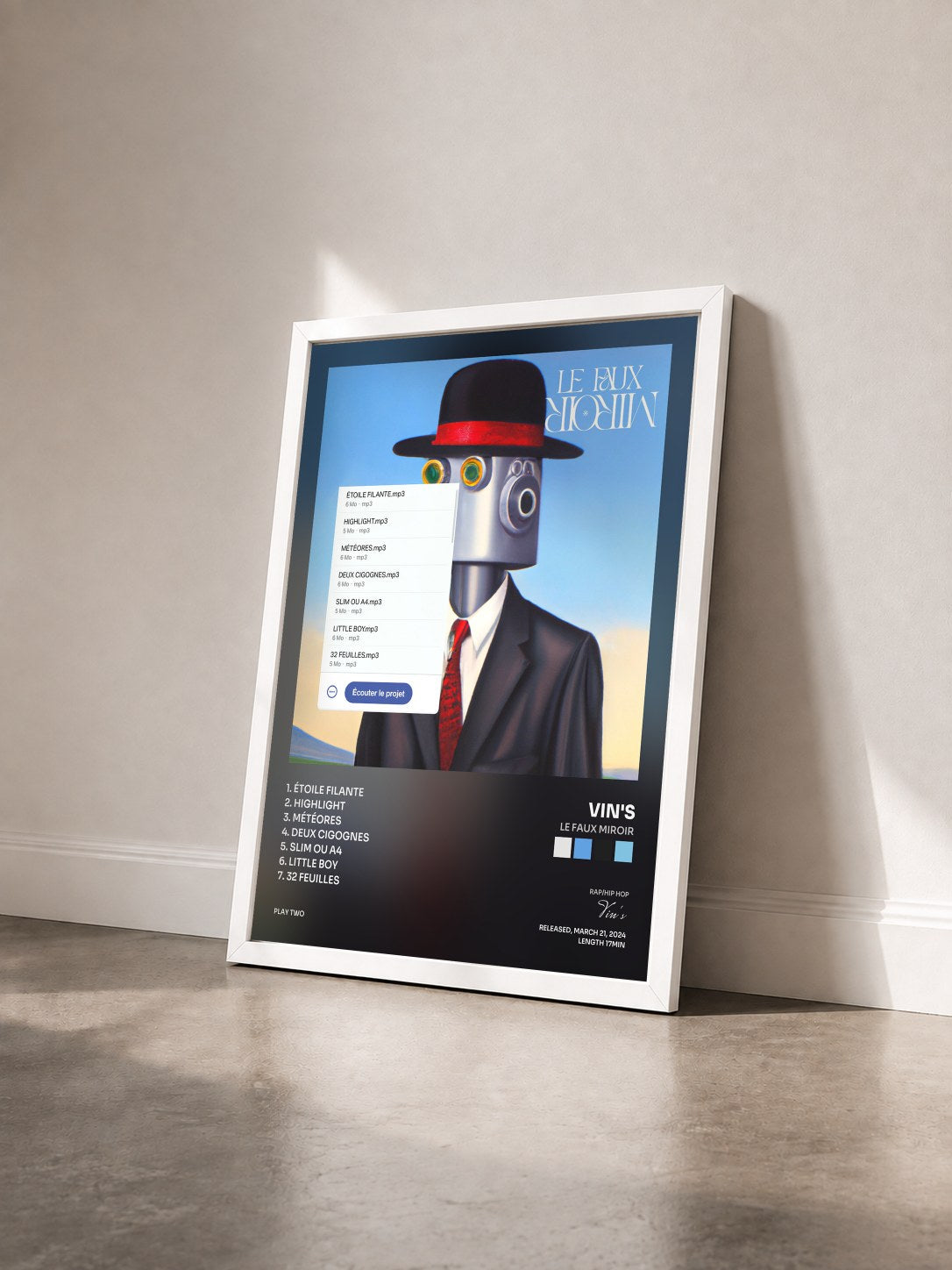 #blanc Tableau de l'album Le Faux Miroir de Vin's vu de trois quarts, cadre blanc
