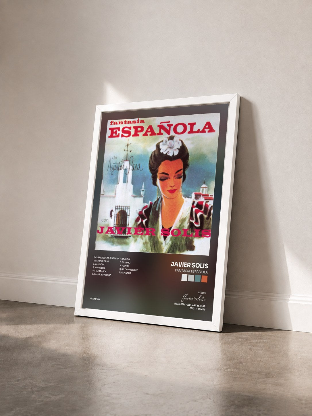 #blanc Tableau de l'album Fantasia Espanola de Javier Solis vu de trois quarts, cadre blanc