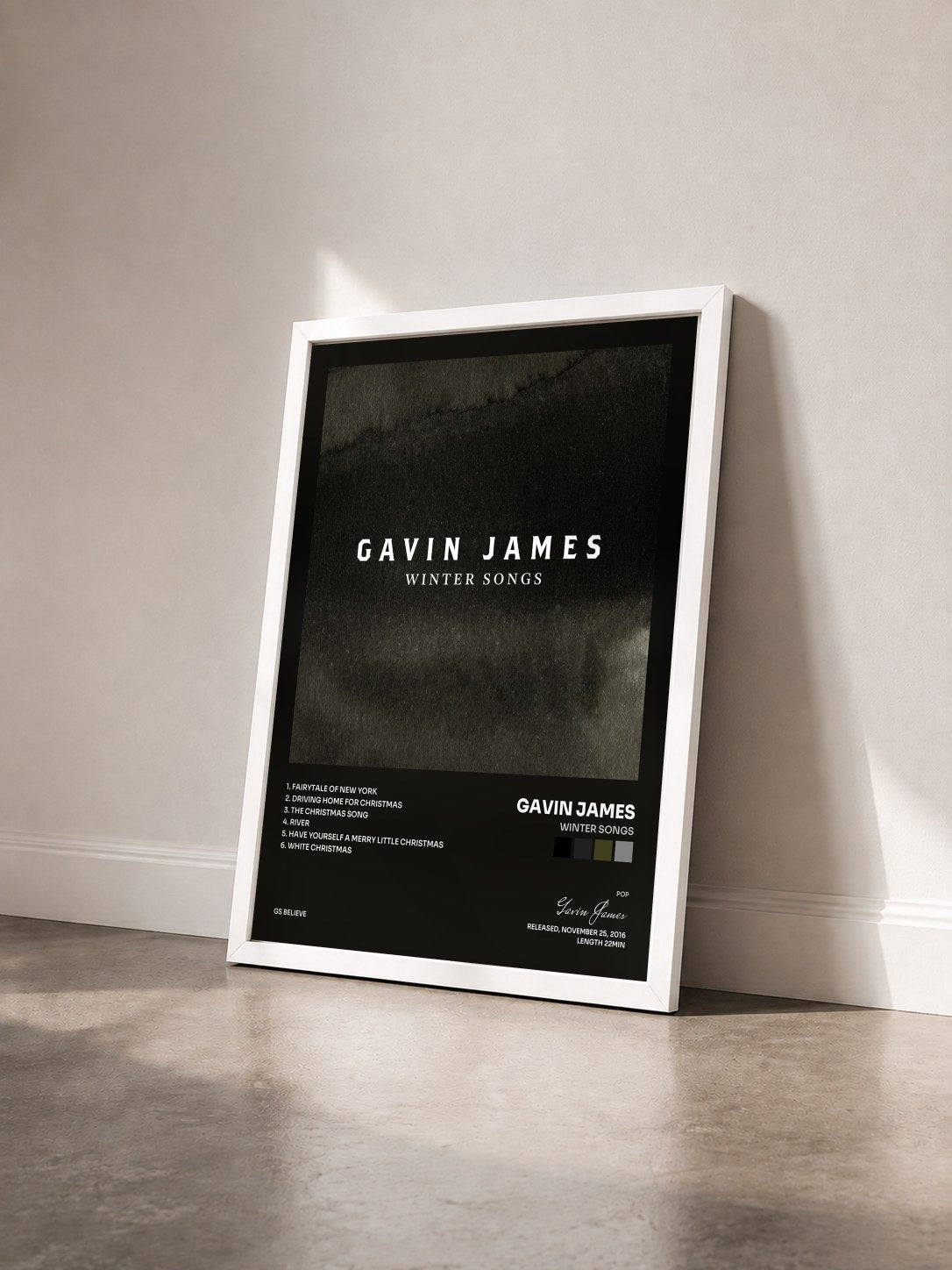#blanc Tableau de l'album Winter Songs de Gavin James vu de trois quarts, cadre blanc