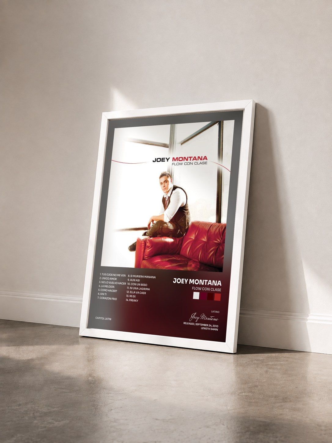 #blanc Tableau de l'album Flow Con Clase de Joey Montana vu de trois quarts, cadre blanc