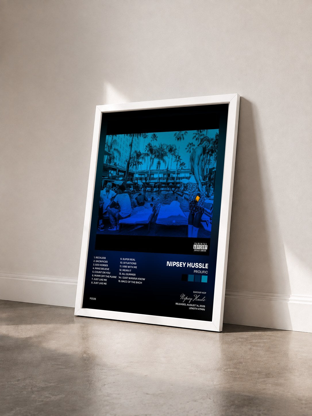 #blanc Tableau de l'album PROLIFIC de Nipsey Hussle vu de trois quarts, cadre blanc