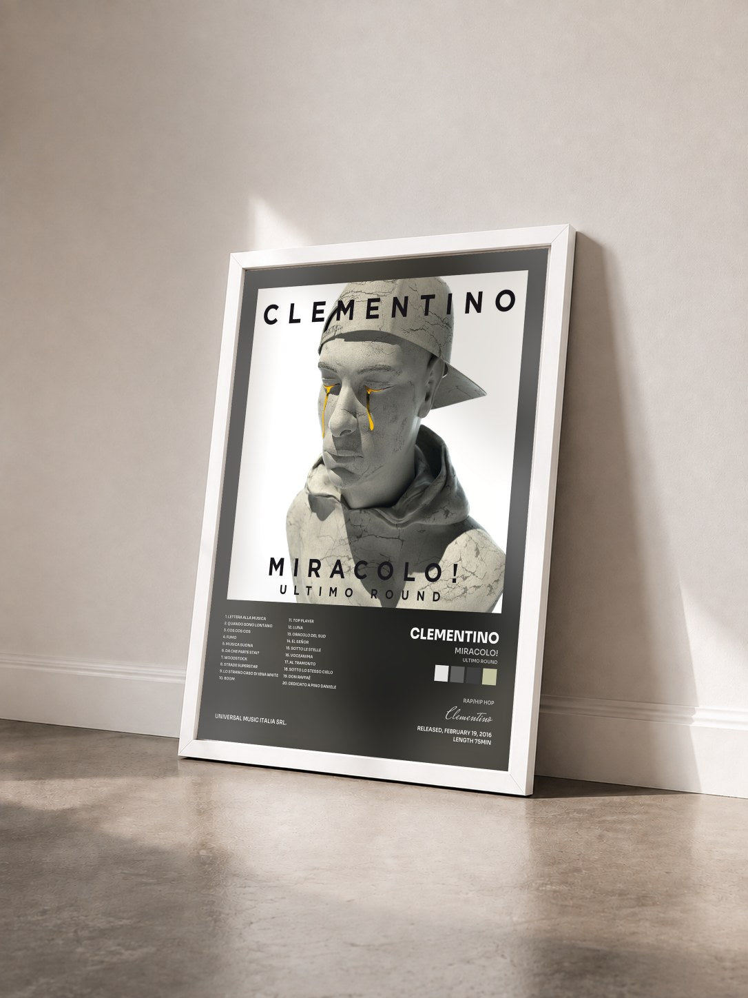 #blanc Tableau de l'album Miracolo! (Ultimo Round) de Clementino vu de trois quarts, cadre blanc