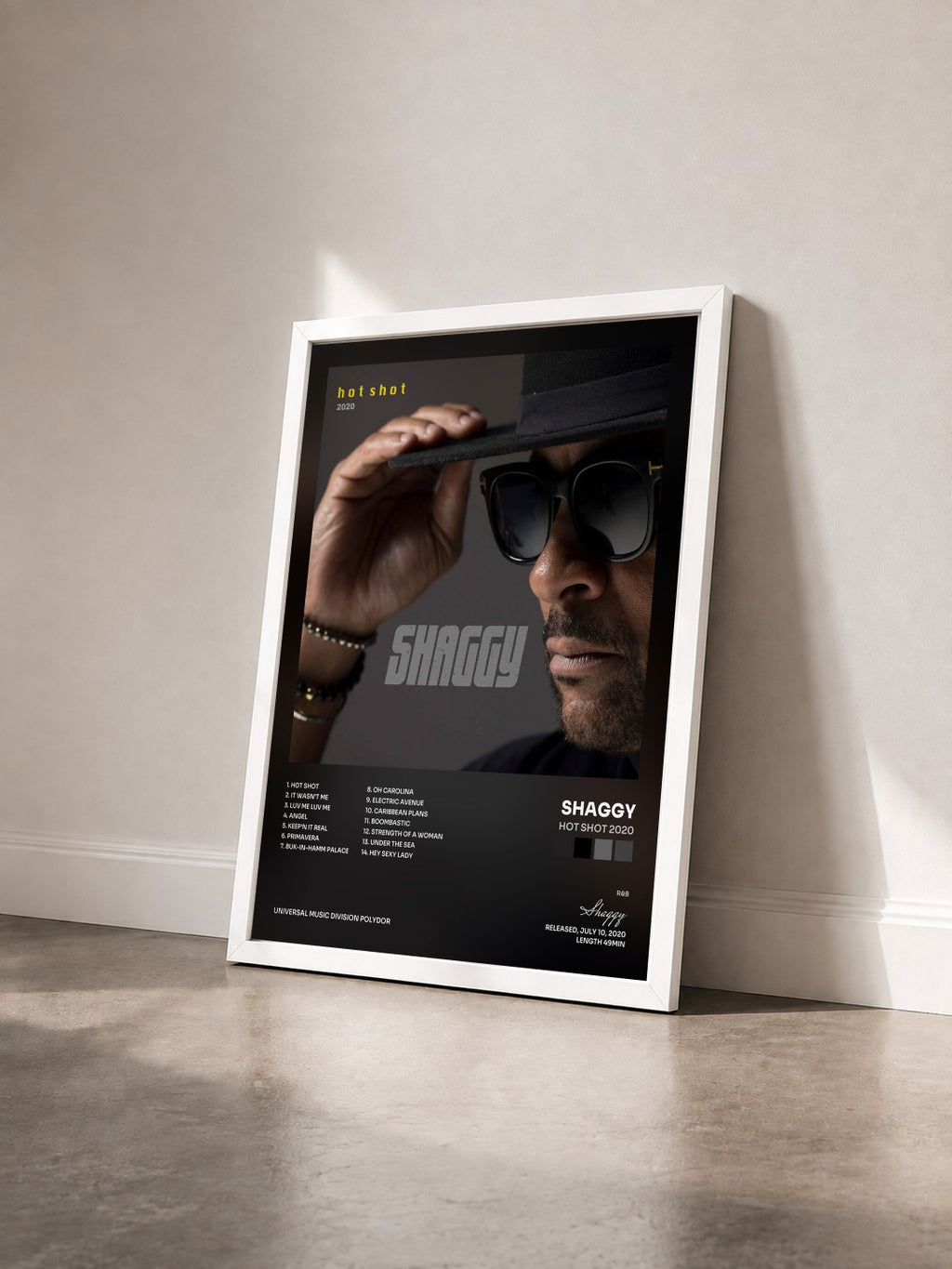 #blanc Tableau de l'album Hot Shot 2020 de Shaggy vu de trois quarts, cadre blanc