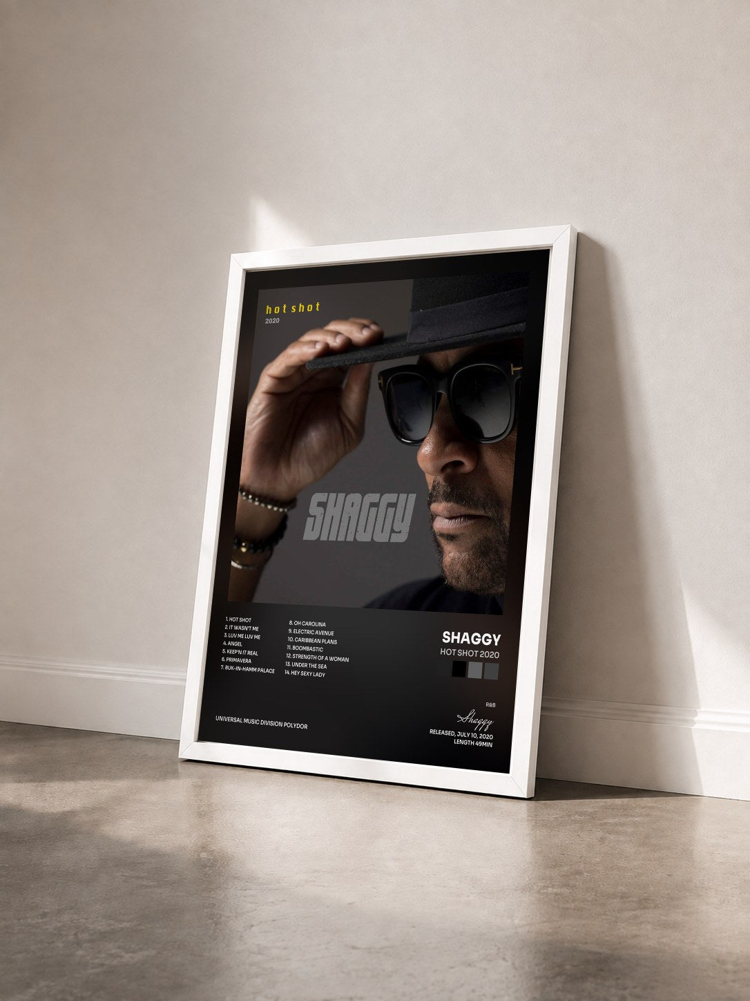 #blanc Tableau de l'album Hot Shot 2020 de Shaggy vu de trois quarts, cadre blanc