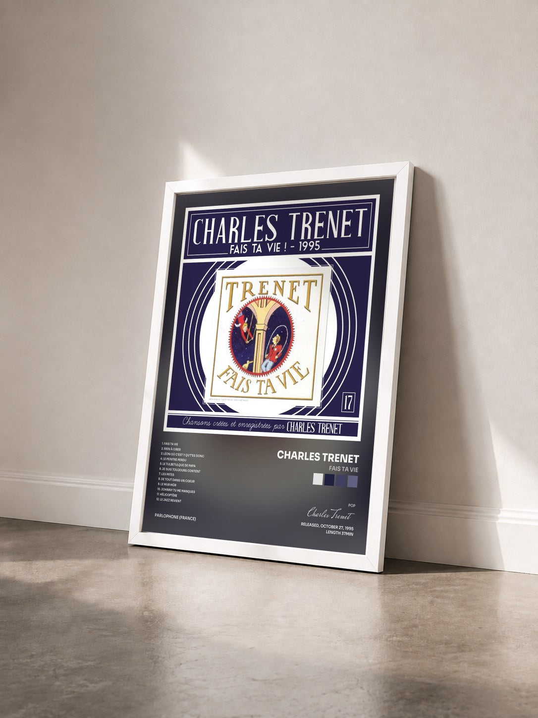 #blanc Tableau de l'album Fais ta vie de Charles Trenet vu de trois quarts, cadre blanc