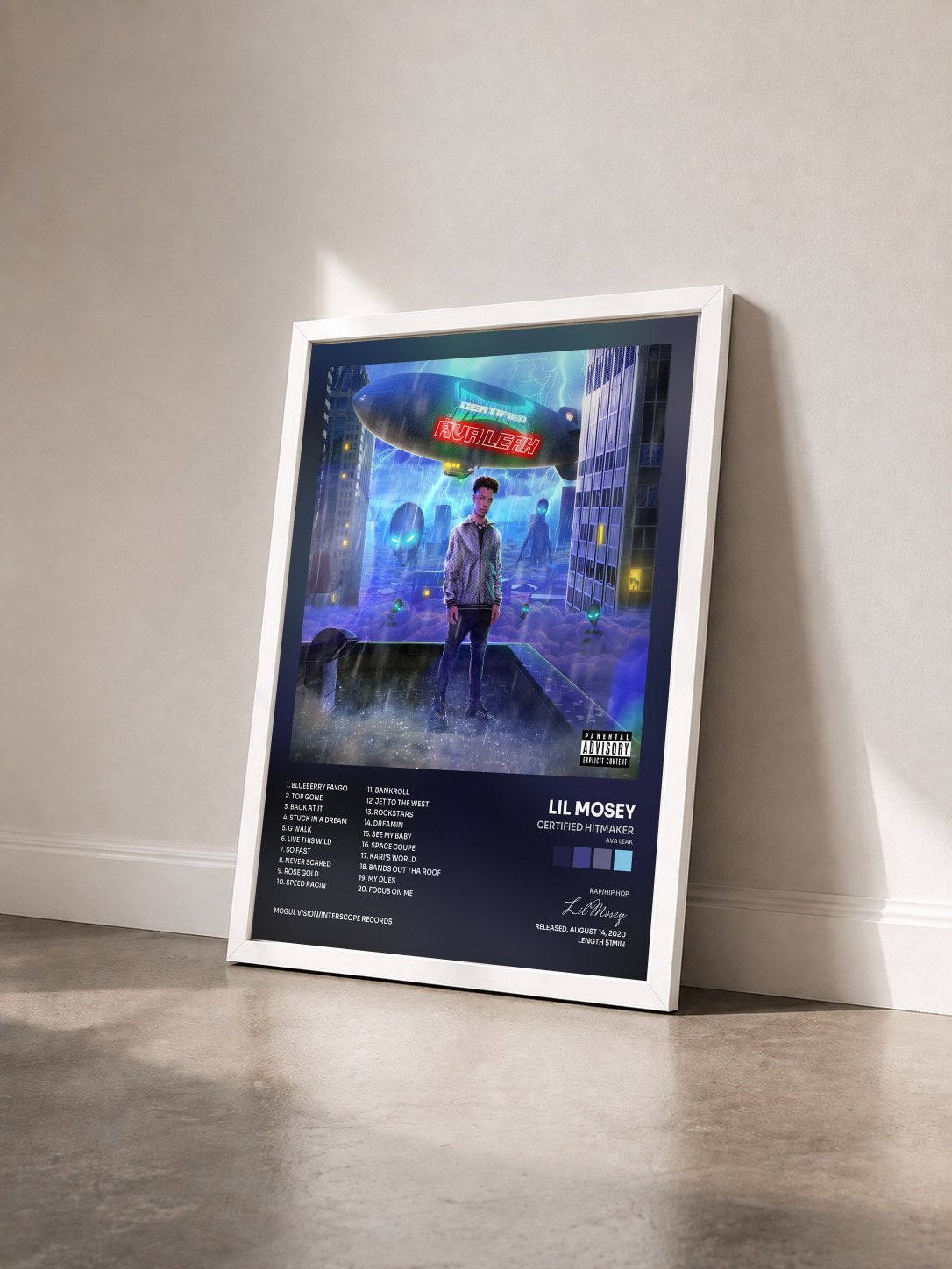 #blanc Tableau de l'album Certified Hitmaker (AVA Leak) de Lil Mosey vu de trois quarts, cadre blanc