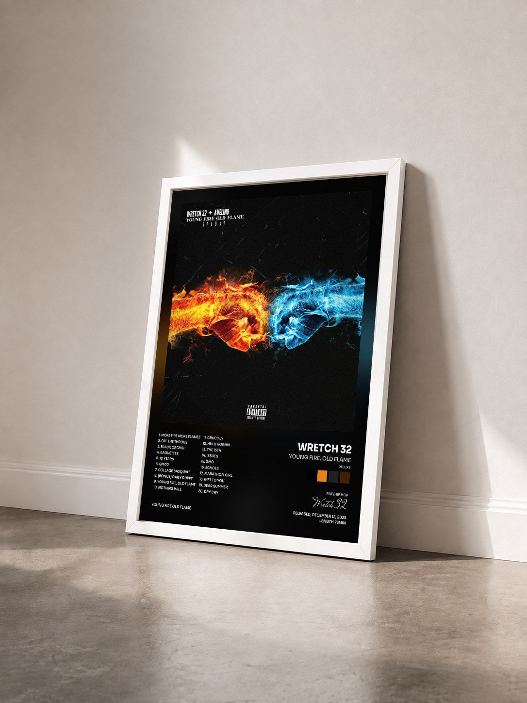 #blanc Tableau de l'album Young Fire, Old Flame (Deluxe) de Wretch 32 vu de trois quarts, cadre blanc