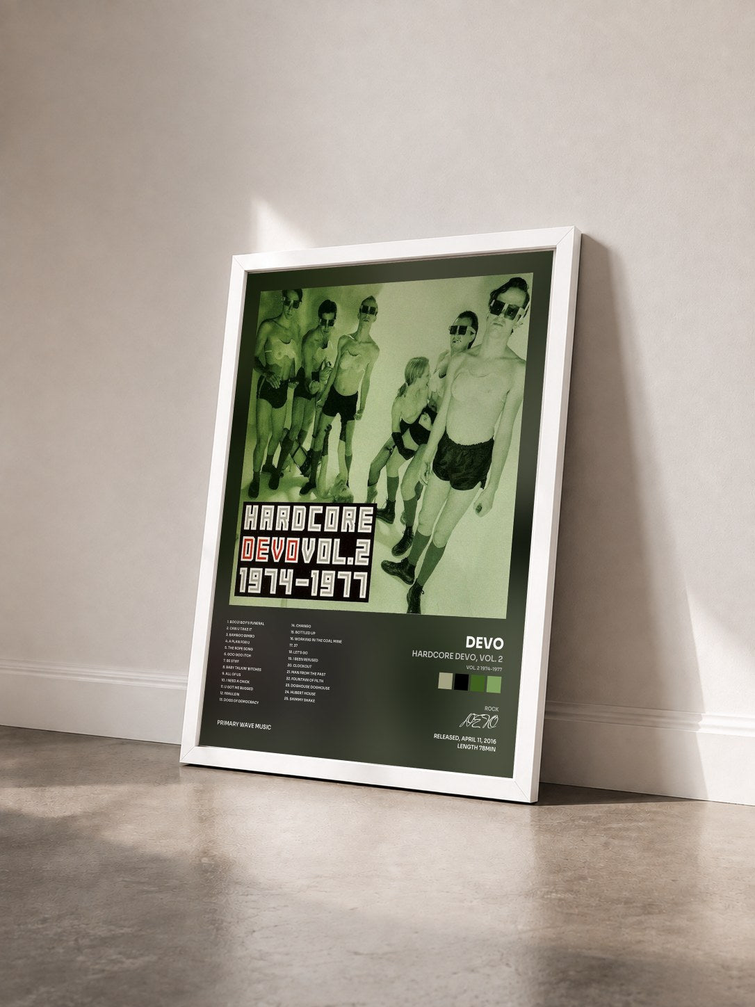 #blanc Tableau de l'album Hardcore Devo, Vol. 2 (Vol. 2 1974-1977) de DEVO vu de trois quarts, cadre blanc