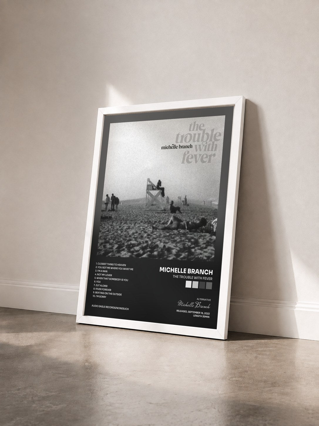 #blanc Tableau de l'album The Trouble With Fever de Michelle Branch vu de trois quarts, cadre blanc