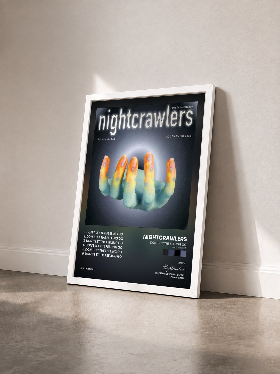 #blanc Tableau de l'album Don't Let the Feeling Go (feat. John Reid) de Nightcrawlers vu de trois quarts, cadre blanc