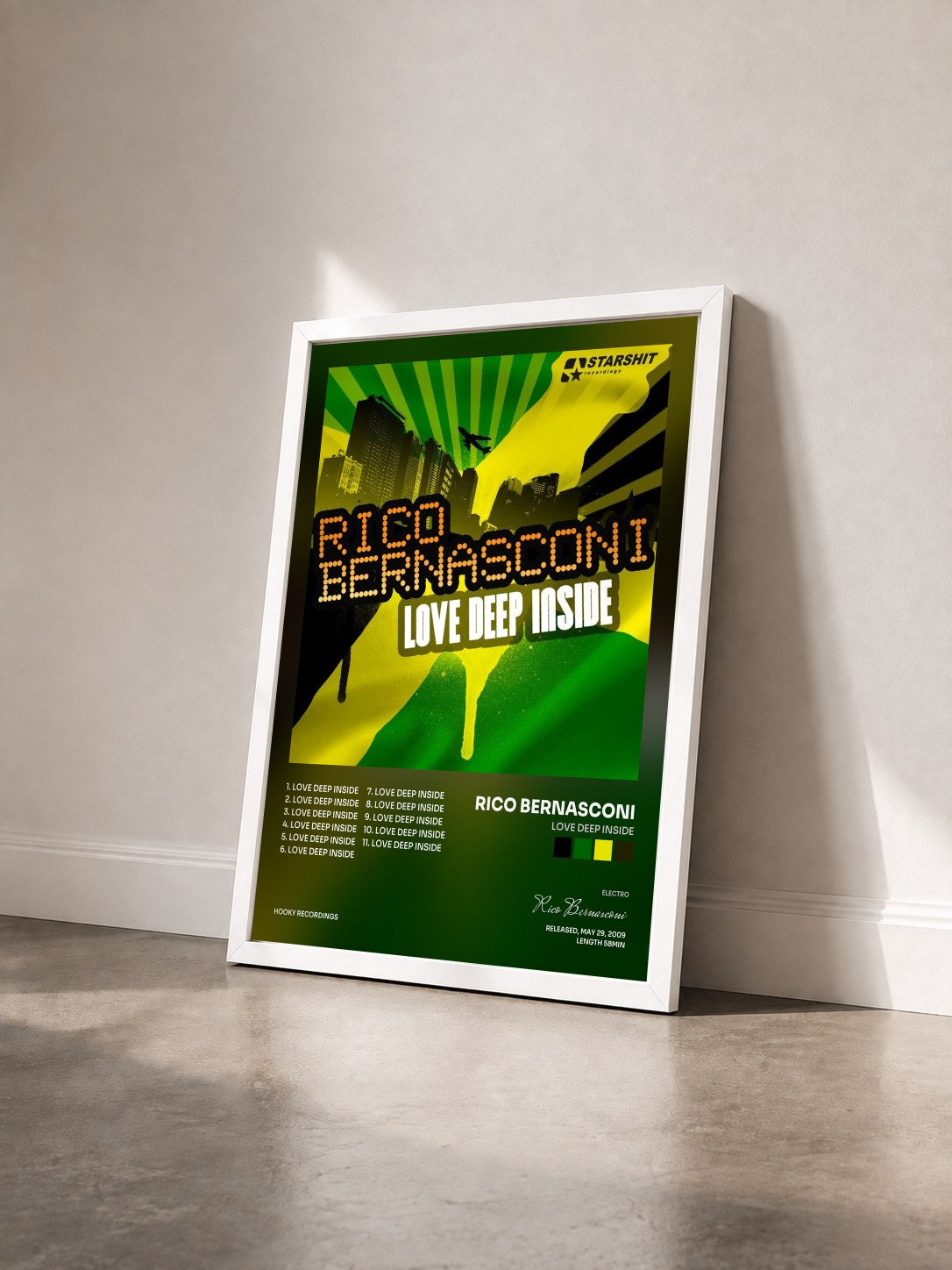 #blanc Tableau de l'album Love Deep Inside de Rico Bernasconi vu de trois quarts, cadre blanc