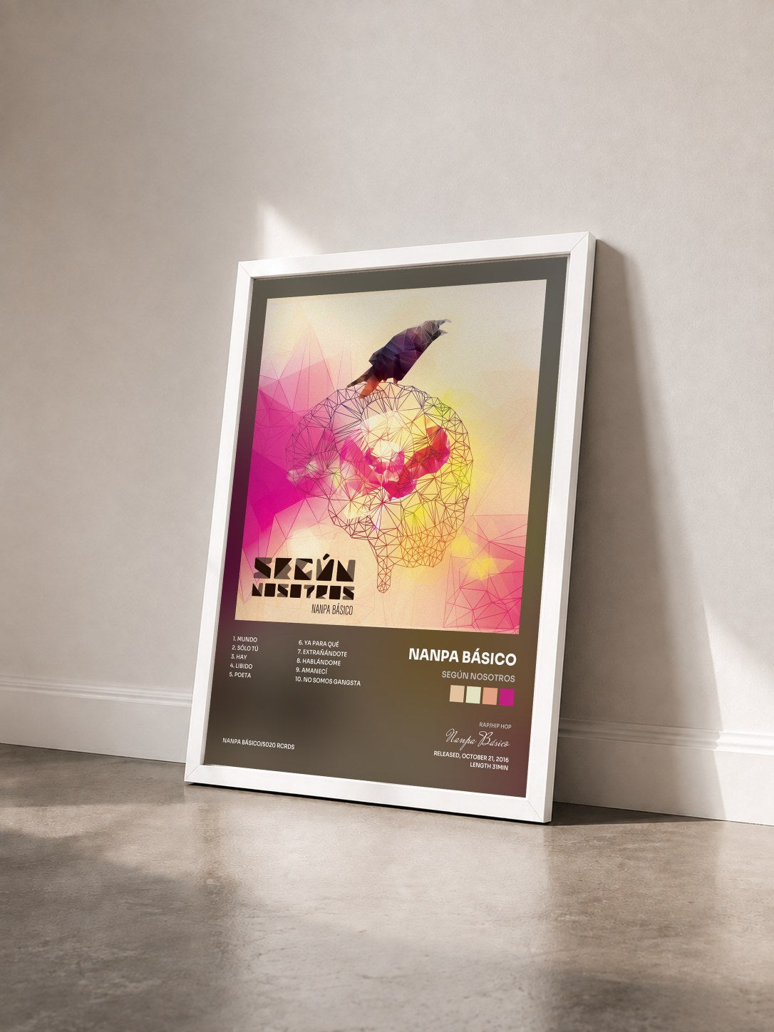 #blanc Tableau de l'album Según Nosotros de Nanpa Básico vu de trois quarts, cadre blanc