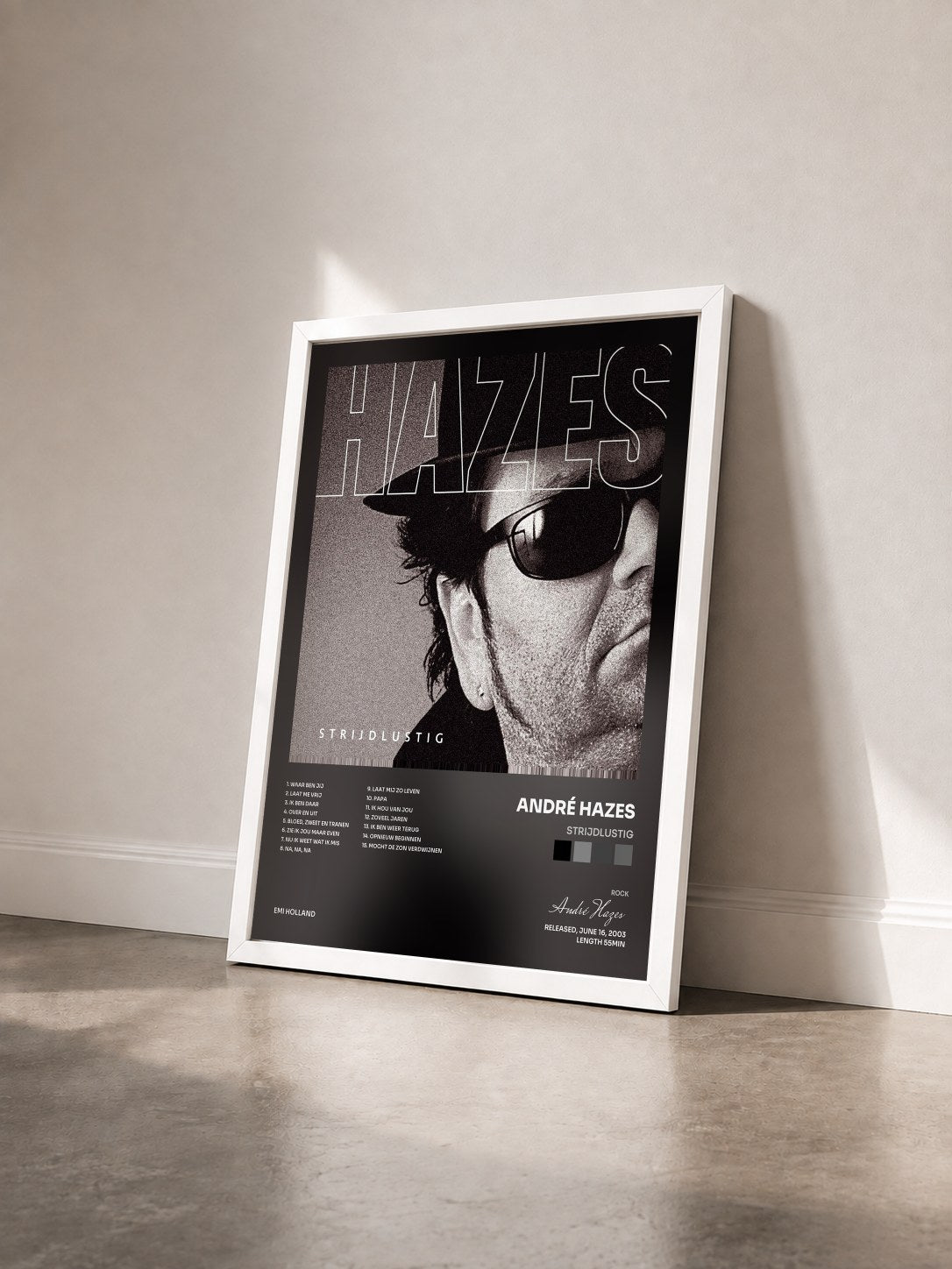 #blanc Tableau de l'album Strijdlustig de André Hazes vu de trois quarts, cadre blanc