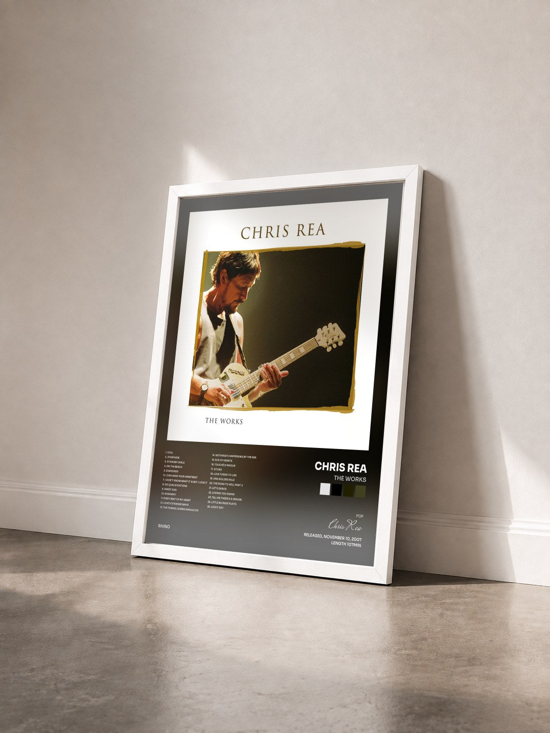 #blanc Tableau de l'album The Works de Chris Rea vu de trois quarts, cadre blanc