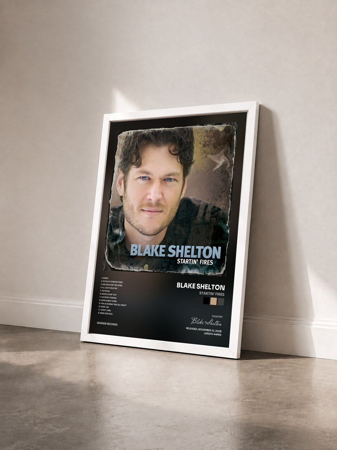 #blanc Tableau de l'album Startin' Fires de Blake Shelton vu de trois quarts, cadre blanc