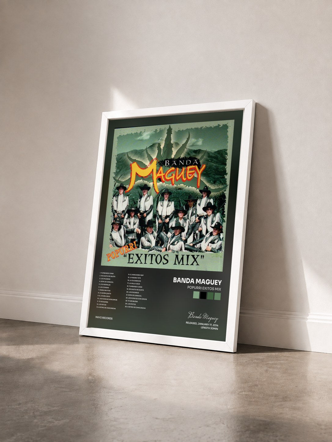 #blanc Tableau de l'album Popurri Exitos Mix de Banda Maguey vu de trois quarts, cadre blanc