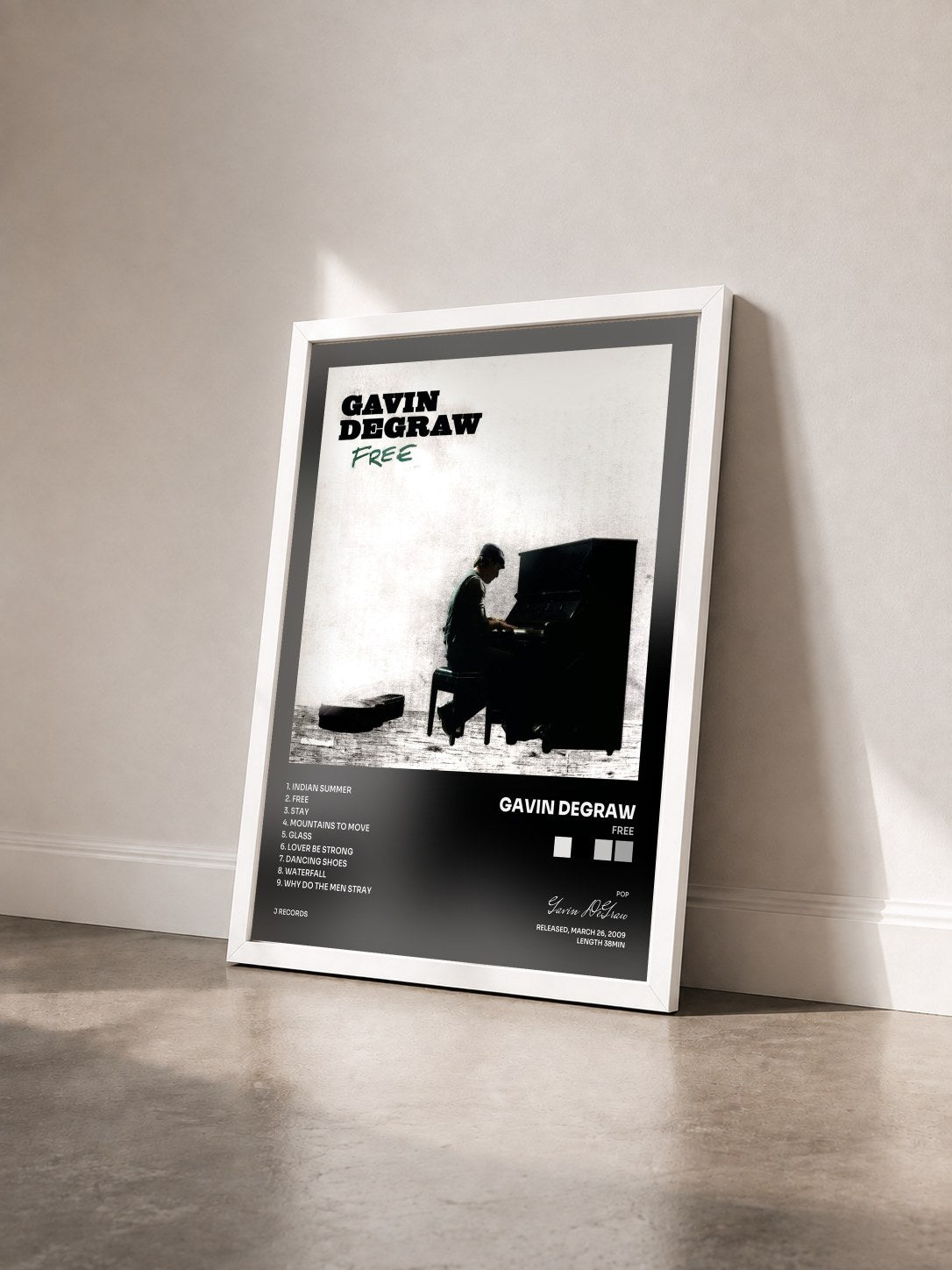 #blanc Tableau de l'album FREE de Gavin DeGraw vu de trois quarts, cadre blanc