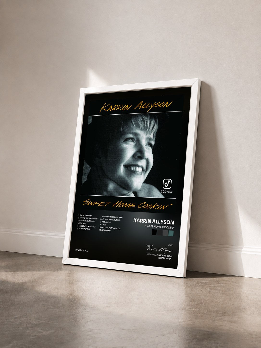 #blanc Tableau de l'album Sweet Home Cookin' de Karrin Allyson vu de trois quarts, cadre blanc