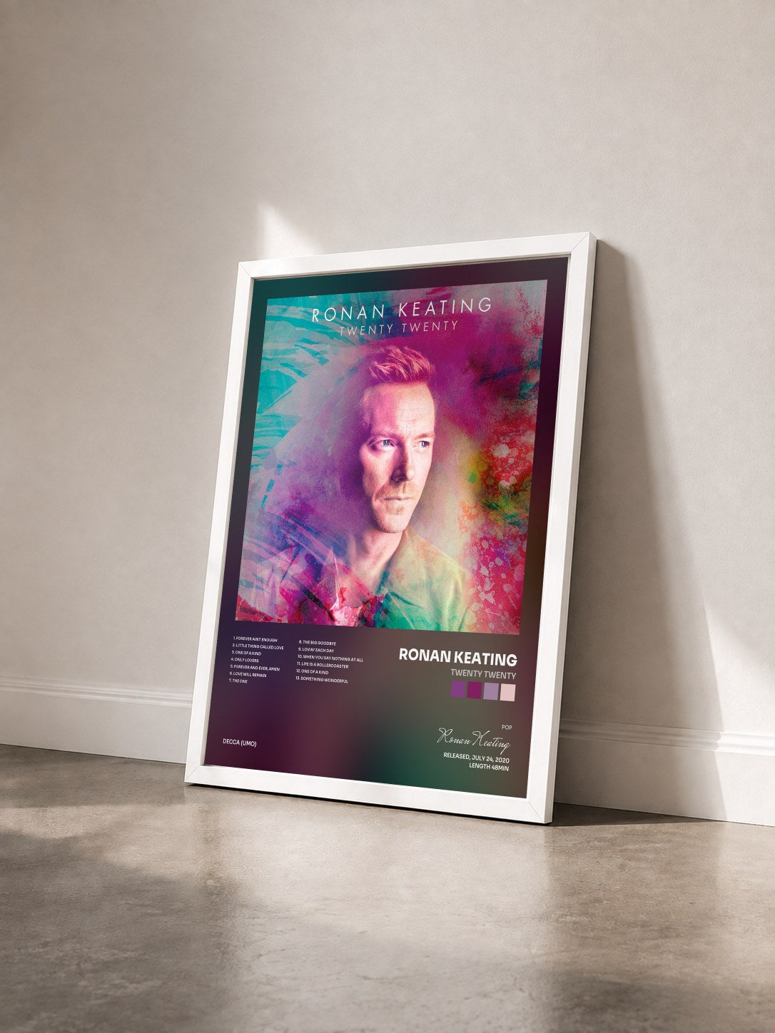 #blanc Tableau de l'album Twenty Twenty de Ronan Keating vu de trois quarts, cadre blanc