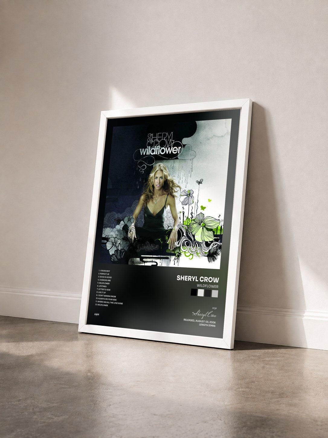 #blanc Tableau de l'album Wildflower de Sheryl Crow vu de trois quarts, cadre blanc