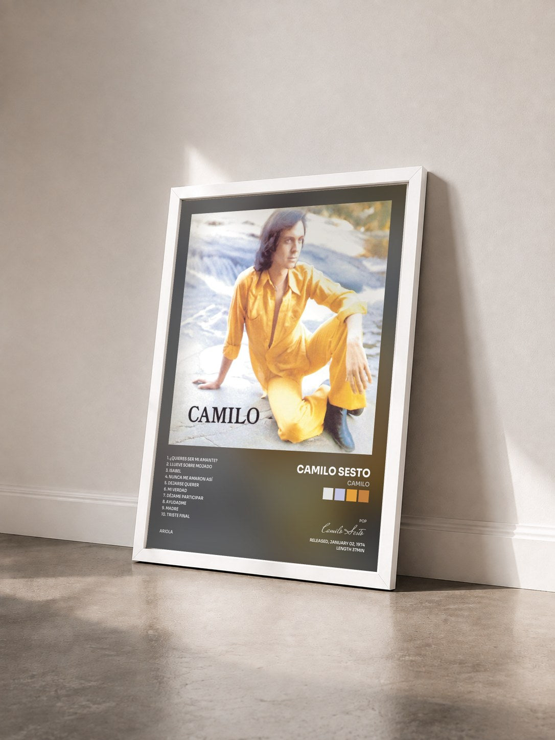 #blanc Tableau de l'album Camilo de Camilo Sesto vu de trois quarts, cadre blanc