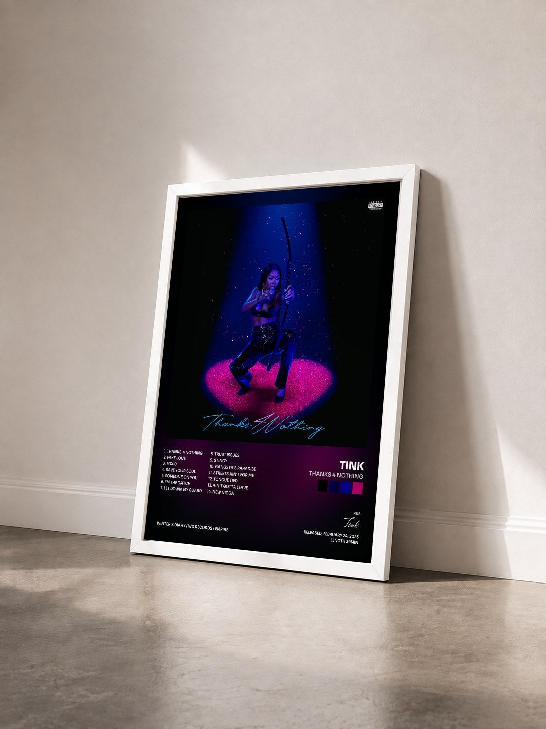 #blanc Tableau de l'album Thanks 4 Nothing de Tink vu de trois quarts, cadre blanc