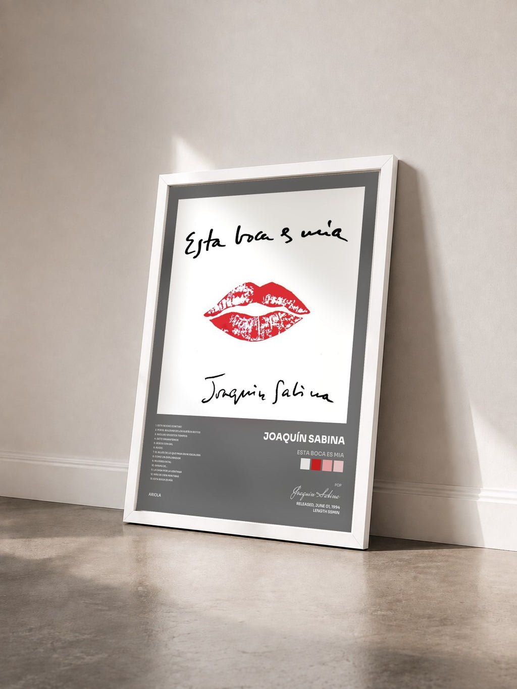 #blanc Tableau de l'album Esta Boca Es Mia de Joaquín Sabina vu de trois quarts, cadre blanc