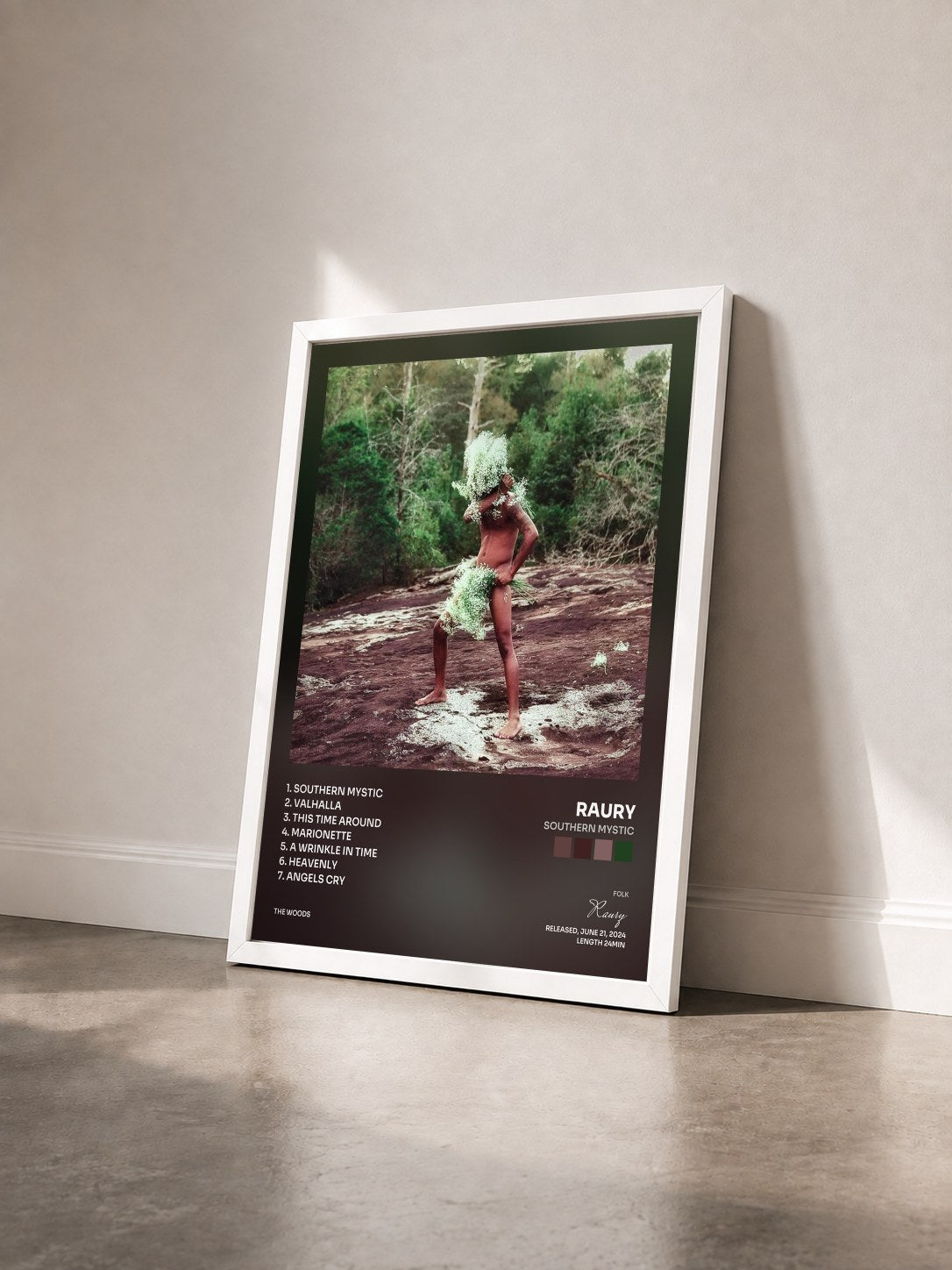 #blanc Tableau de l'album Southern Mystic de Raury vu de trois quarts, cadre blanc