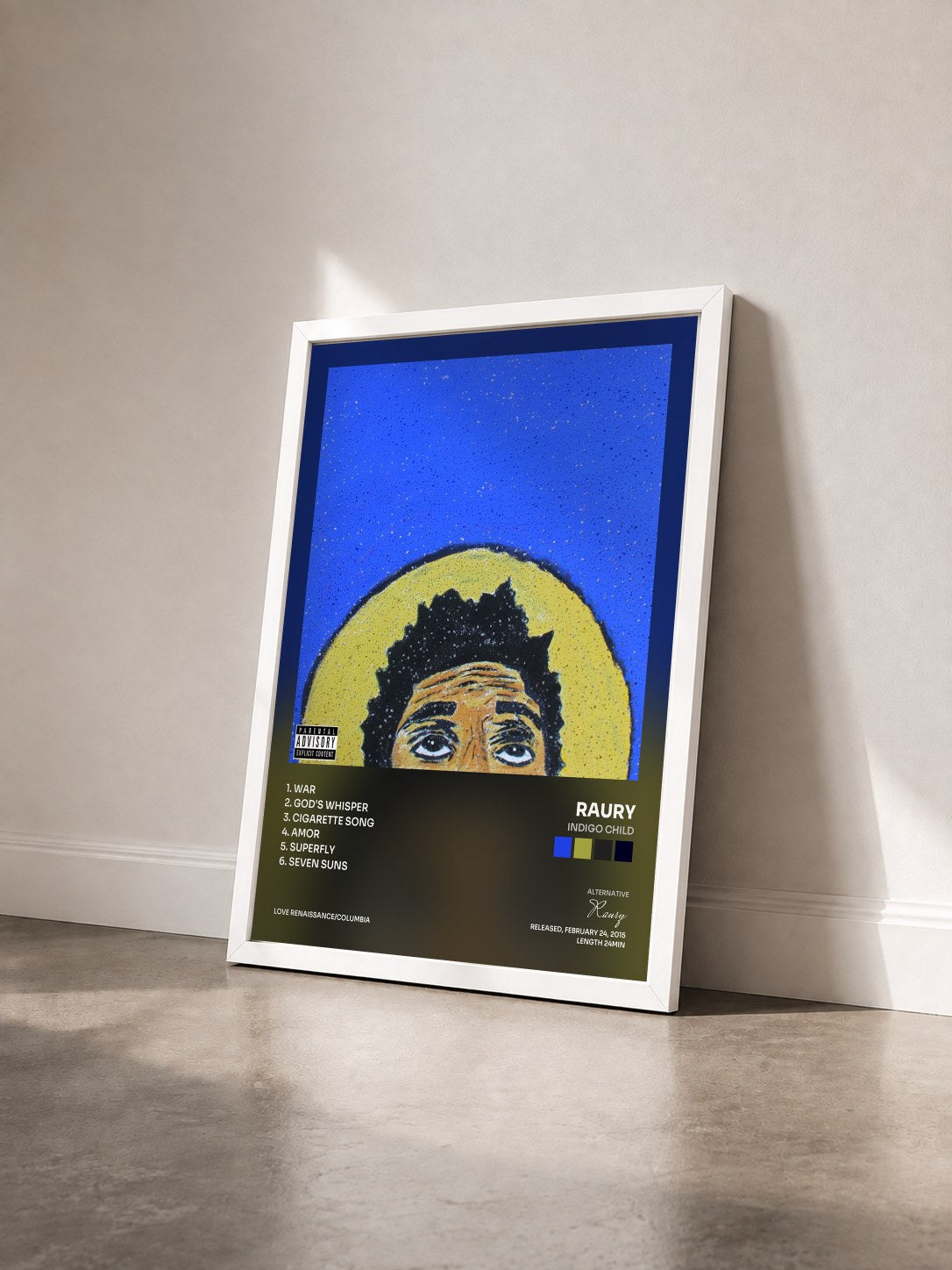 #blanc Tableau de l'album Indigo Child de Raury vu de trois quarts, cadre blanc