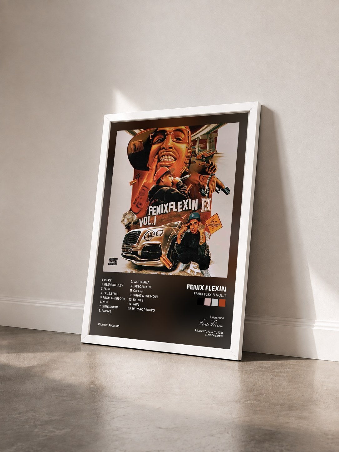 #blanc Tableau de l'album Fenix Flexin Vol. 1 de Fenix Flexin vu de trois quarts, cadre blanc