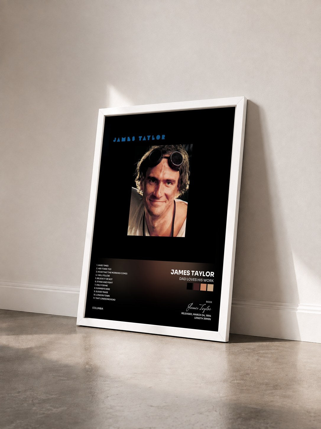 #blanc Tableau de l'album Dad Loves His Work de James Taylor vu de trois quarts, cadre blanc