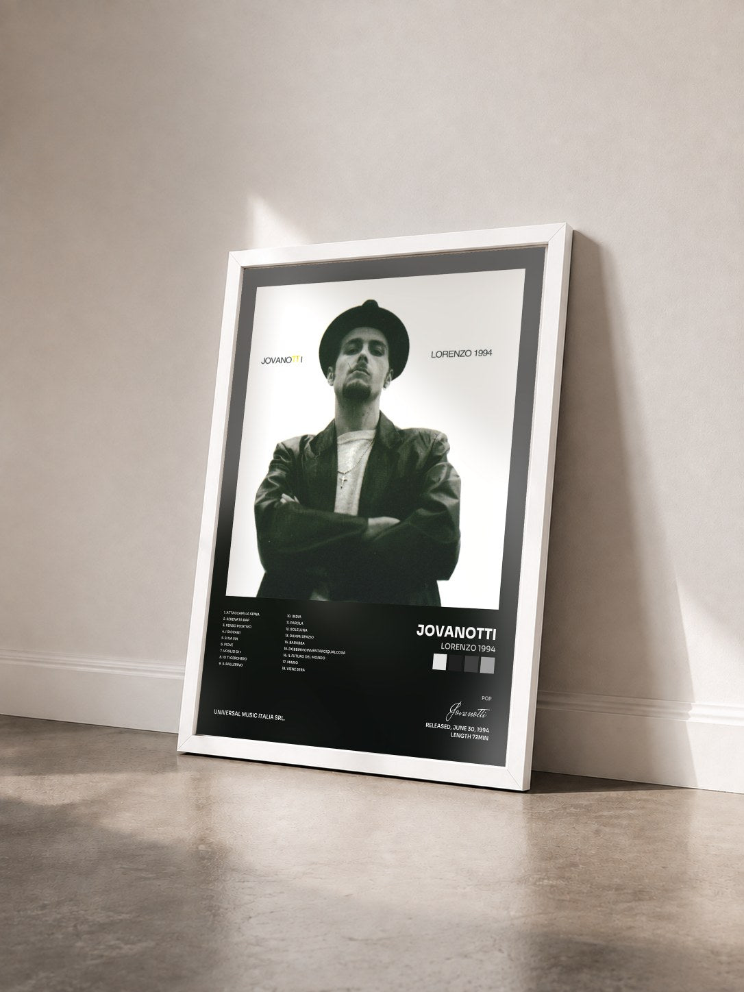 #blanc Tableau de l'album Lorenzo 1994 de Jovanotti vu de trois quarts, cadre blanc