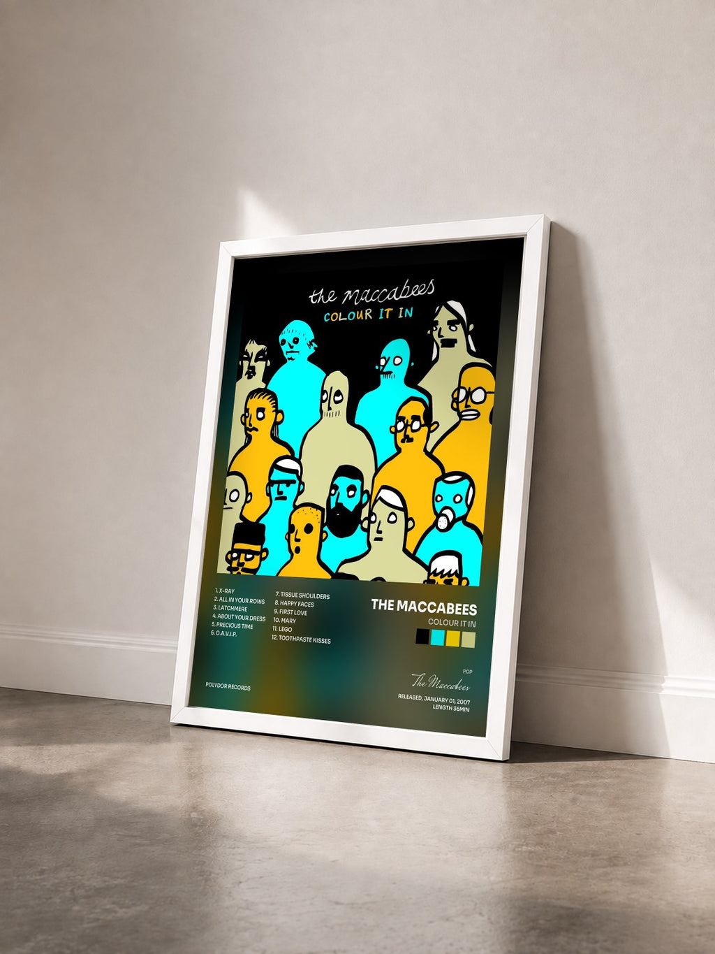 #blanc Tableau de l'album Colour It In de The Maccabees vu de trois quarts, cadre blanc