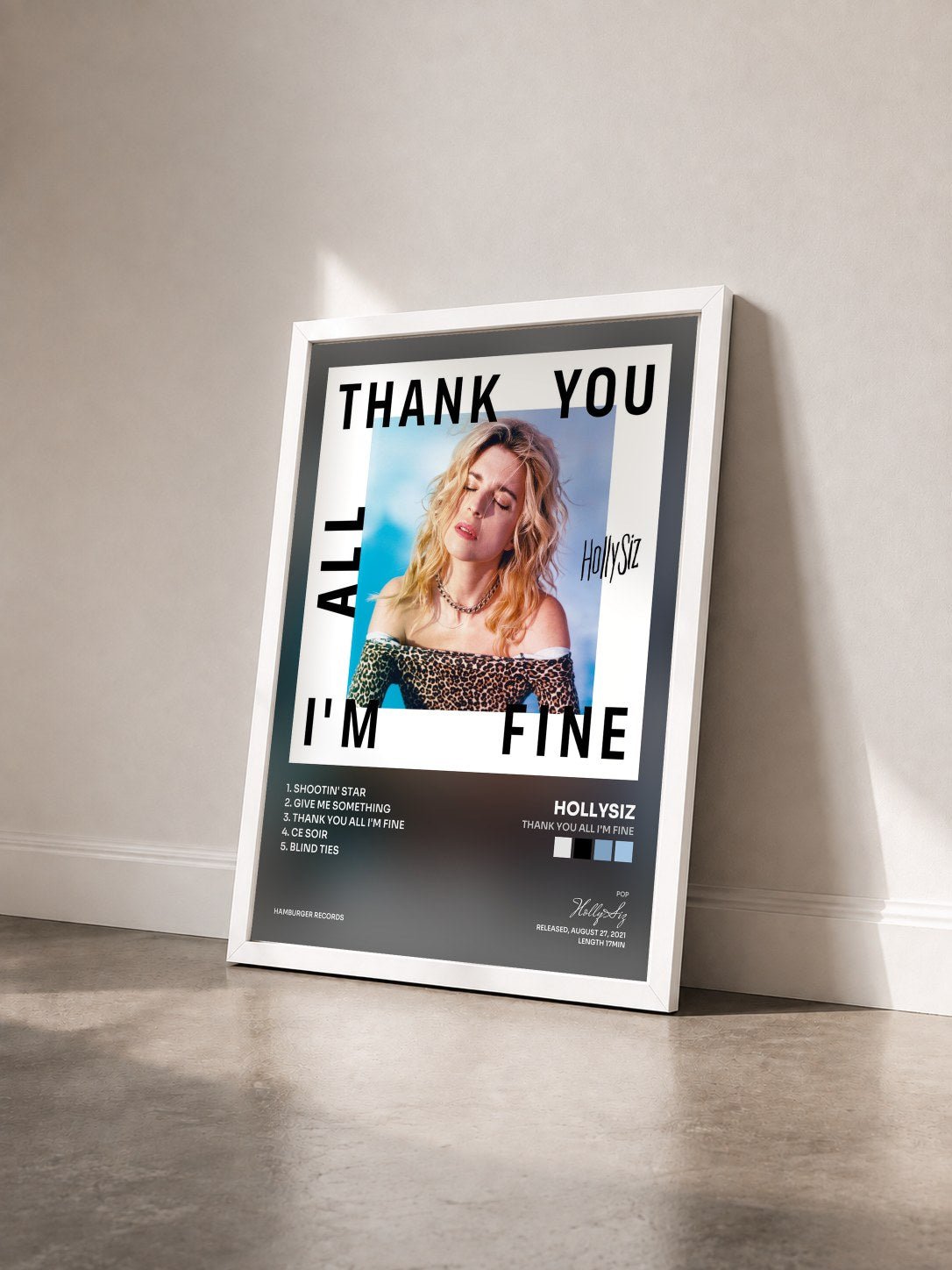 #blanc Tableau de l'album Thank You All I'm Fine de HollySiz vu de trois quarts, cadre blanc