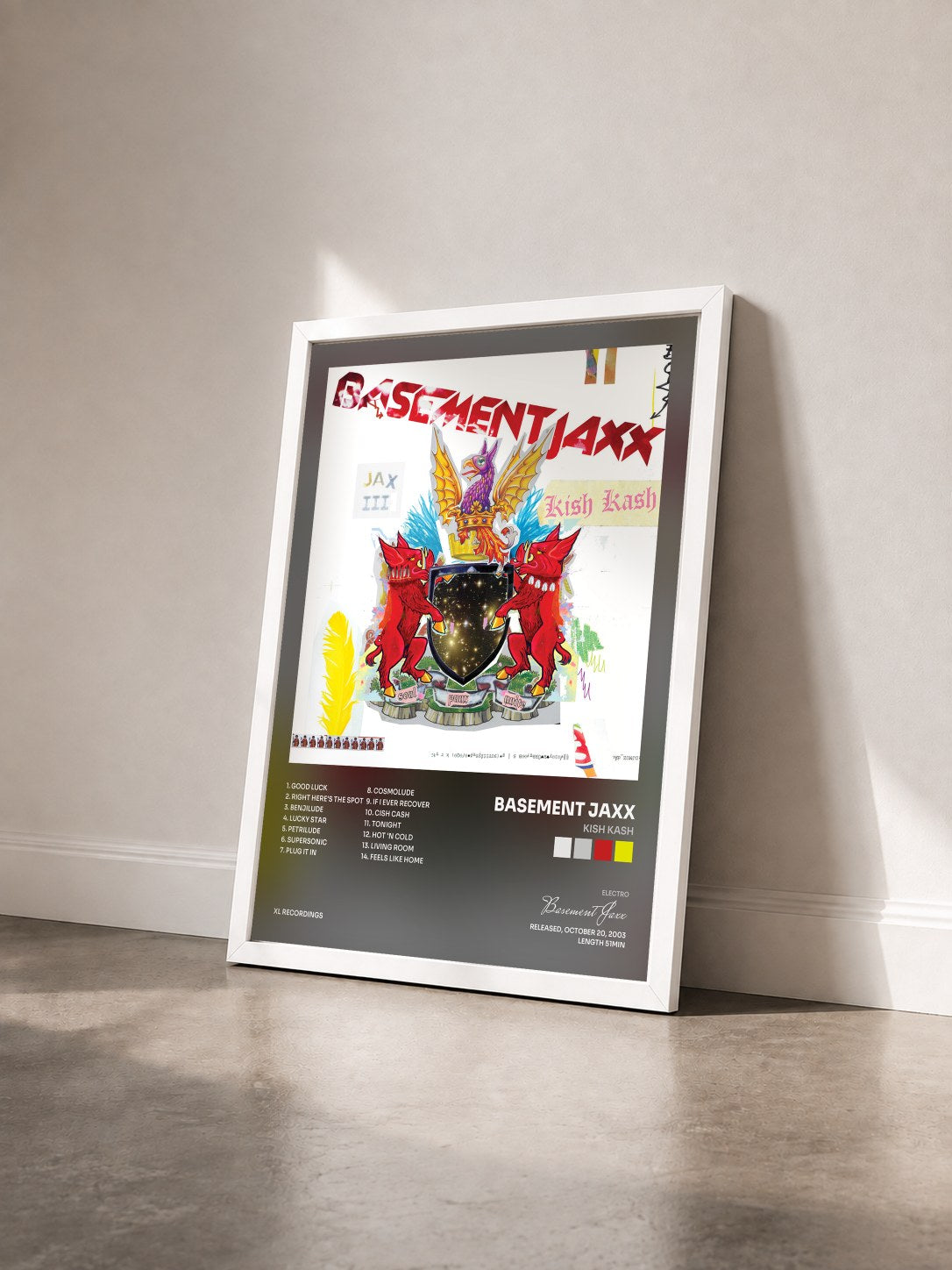 #blanc Tableau de l'album Kish Kash de Basement Jaxx vu de trois quarts, cadre blanc