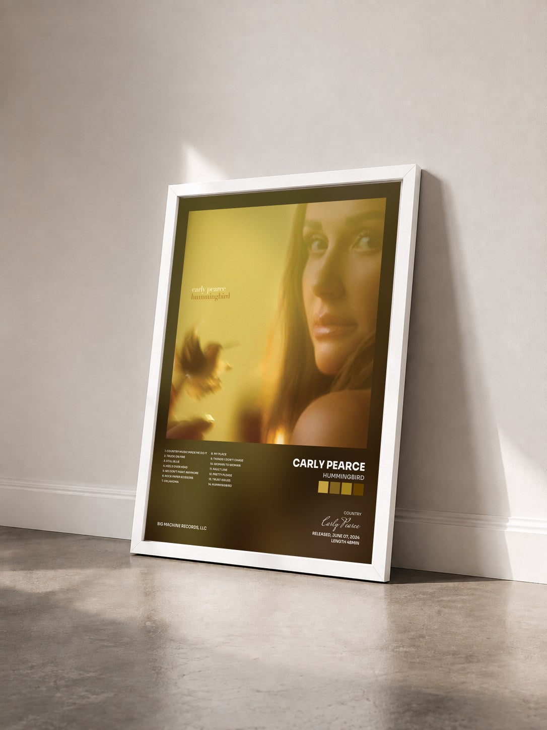 #blanc Tableau de l'album hummingbird de Carly Pearce vu de trois quarts, cadre blanc
