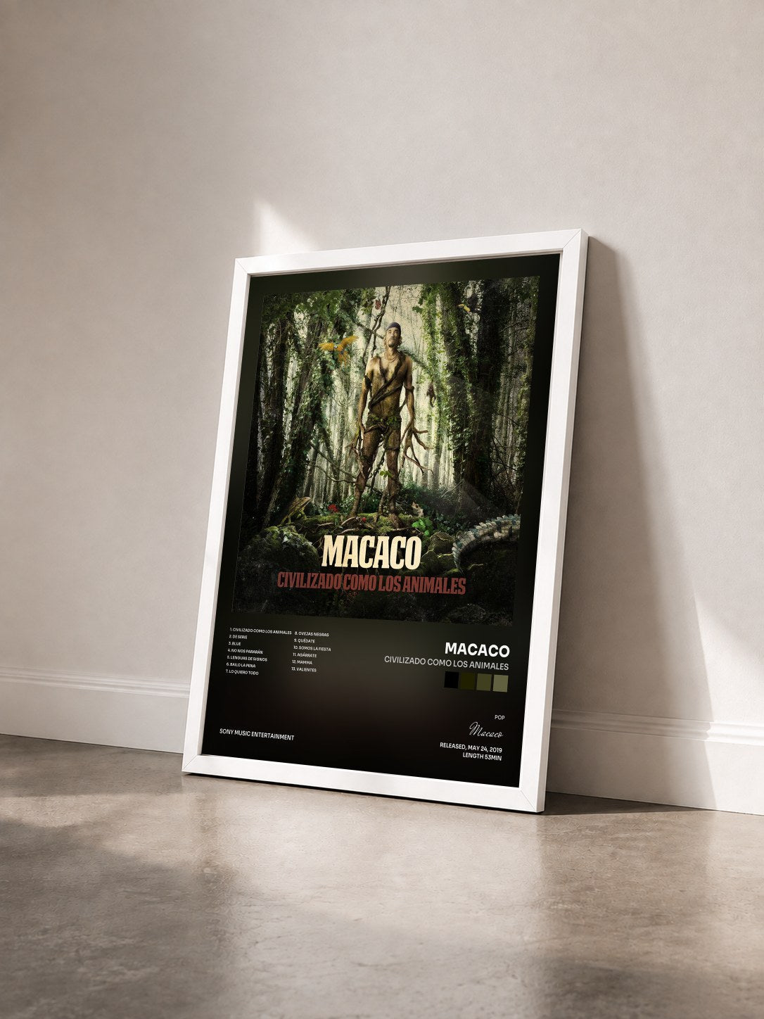 #blanc Tableau de l'album Civilizado Como Los Animales de Macaco vu de trois quarts, cadre blanc