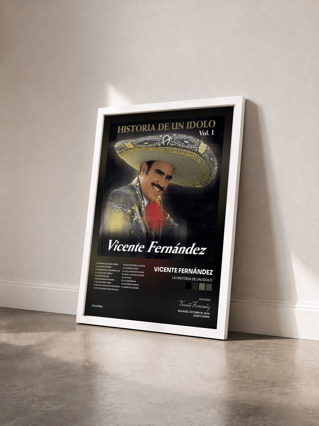 #blanc Tableau de l'album La Historia De Un Idolo de Vicente Fernández vu de trois quarts, cadre blanc