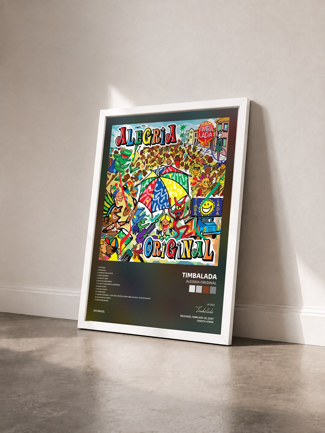 #blanc Tableau de l'album Alegria Original de Timbalada vu de trois quarts, cadre blanc