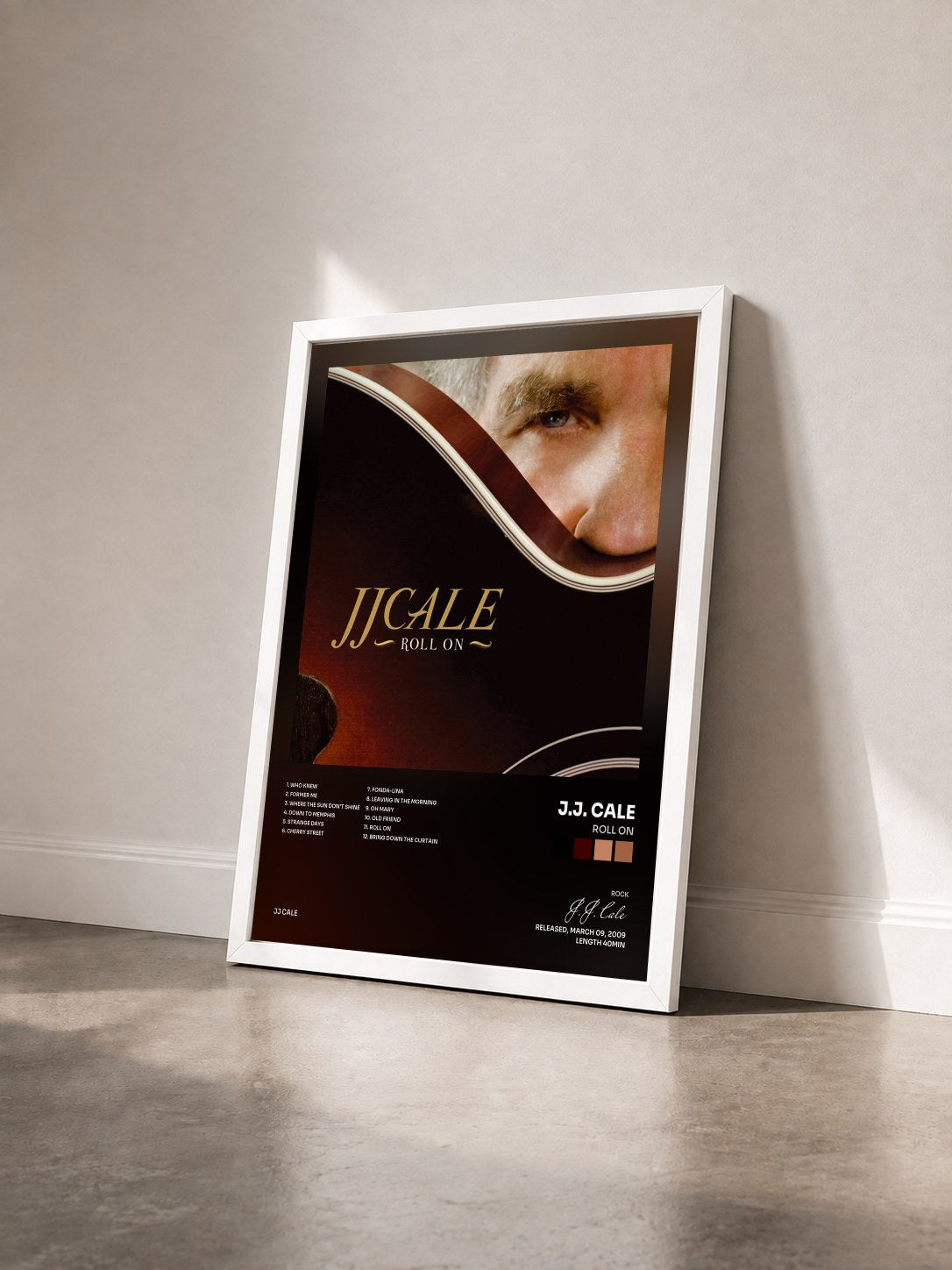 #blanc Tableau de l'album Roll On de J.J. Cale vu de trois quarts, cadre blanc