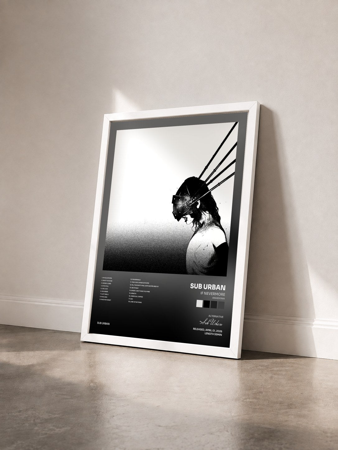 #blanc Tableau de l'album If Nevermore (Anhedonia) de Sub Urban vu de trois quarts, cadre blanc