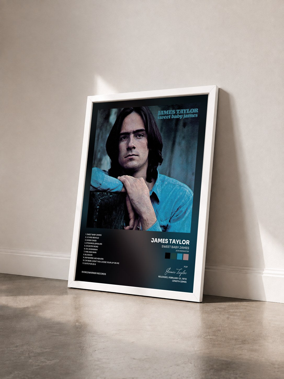 #blanc Tableau de l'album Sweet Baby James (2019 Remaster) de James Taylor vu de trois quarts, cadre blanc